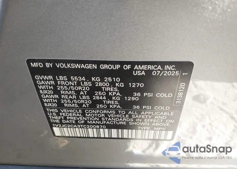 2026 Volkswagen Atlas Cross Sport 2.0T Se W/Technology из США, поврежденный, VIN 1V2JC2CA3TC200870